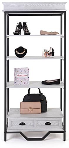 French country etagere shelving has a weight capacity of 110 pounds per shelf