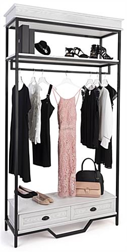 Farmhouse industrial clothing rack has a shelf capacity of 100 pounds