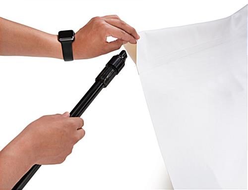 Sliding frame into single sided graphic event step and repeat backdrop pocket 