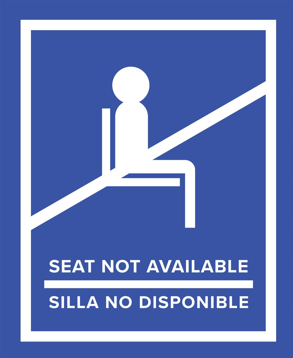 Blue English/Spanish social distancing seat sticker with pre-printed messaging