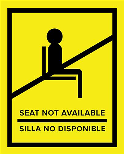 Yellow English/Spanish social distancing seat sticker with pre-printed messaging