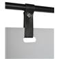 Minimal hanging signage stand with sleek faux black leather straps