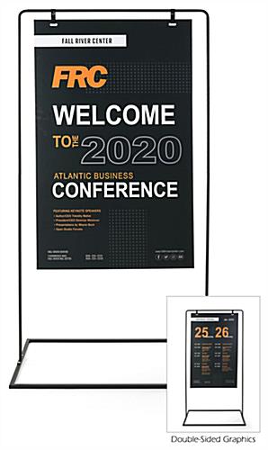 Minimal hanging signage stand with full color double sided graphics