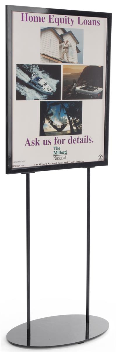 Displays2go Free-Standing Metal Poster Stand with Round Heavy Base, 22-7/8 x 60 x 14-Inch, Double Sided, Gloss Black Finish, Top Loading (sldeb28blk)