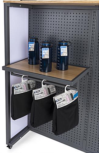 Shelf attachment with hanging bar for SMWMFD with overall weight capacity of 66 pounds