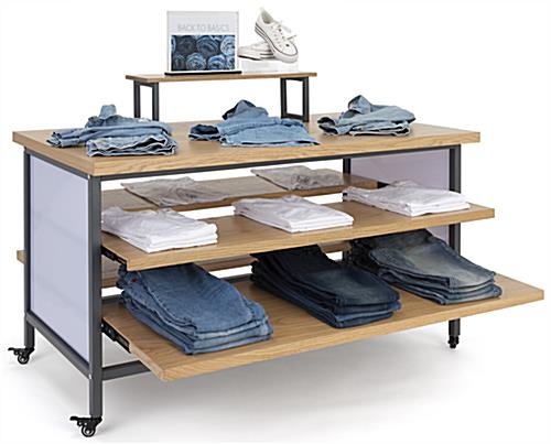 Tiered display table with wheels and max weight capacity of 330 pounds