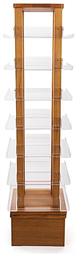 Four-sided revolving wood literature rack measures 16 inches wide by 70 inches tall 