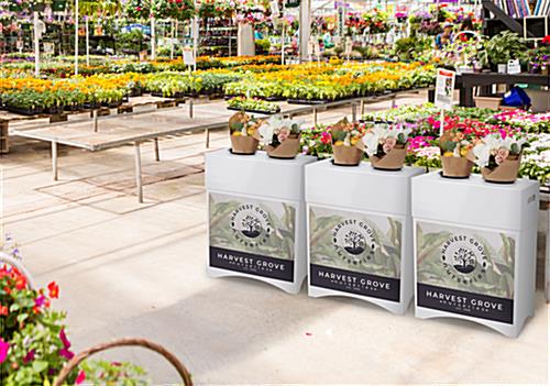 Custom printed flower display stands with branding on front