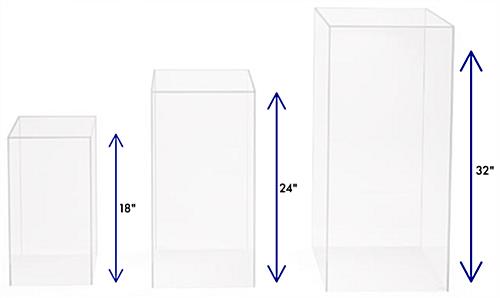 Clear nested display pedestal set with 18 inch, 24 inch and 32 inch tall styles