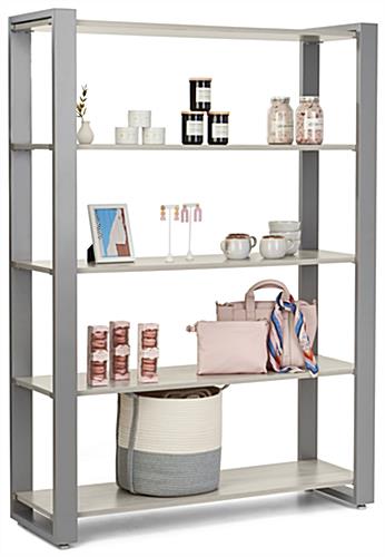 Modern retail display shelving with 48 inch wide by 16 inch deep shelves
