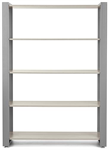 Modern retail display shelving with five shelves and open back
