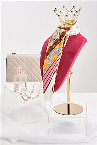 This jewelry bust display stand with crown has pinnable fabric 