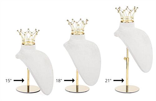 Jewelry bust display stand with crown has different height settings