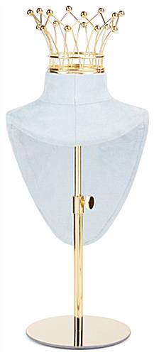 Jewelry bust display stand with crown has rubber feet