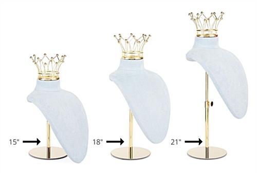 Jewelry bust display stand with crown has height adjustments