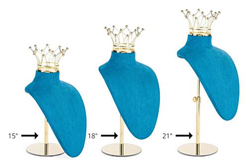 This jewelry bust display stand with crown has easy to adjust height placements