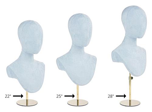 Jewelry head bust display with 15 in. to 20 in. height range