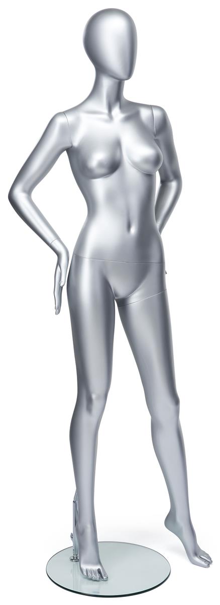 Standing female full-body mannequin with clear weighted base  