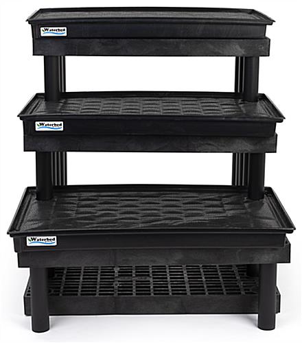 3 tier plastic garden center display rack with removable watering trays and legs 