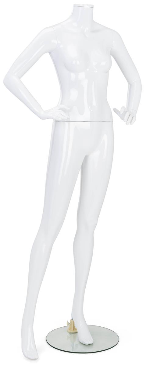 Adult Female Glossy White Fiberglass Full Body Headless Standing Mannequin 