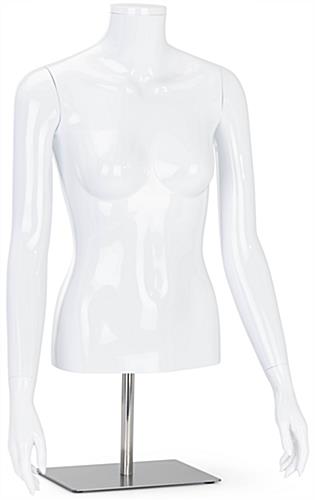 Headless female mannequin torso with brushed chrome metal base 