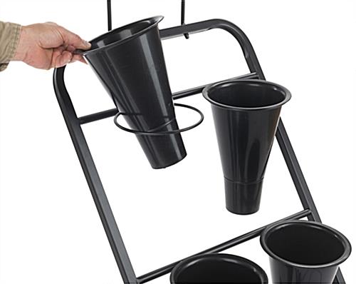 Flower bucket display stand with easy to remove buckets