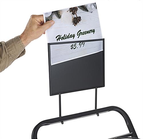 Flower bucket display stand with 8 inch by 11 inch sign frame
