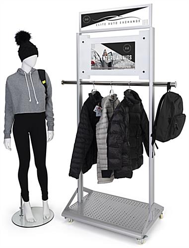 Mobile garment rack with digital sign and overall dimensions of 32.5 inches wide by 86 inches tall