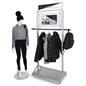 Mobile garment rack with digital sign and overall dimensions of 32.5 inches wide by 86 inches tall