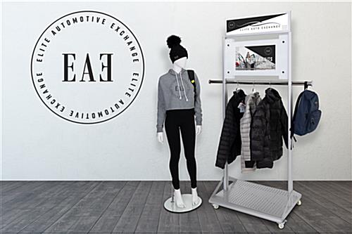 Mobile garment rack with digital sign and extended hanging bar