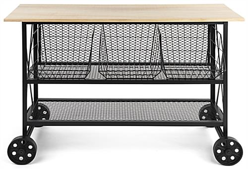 Industrial wood and mesh display console with 33 pound weight capacity on bottom shelf