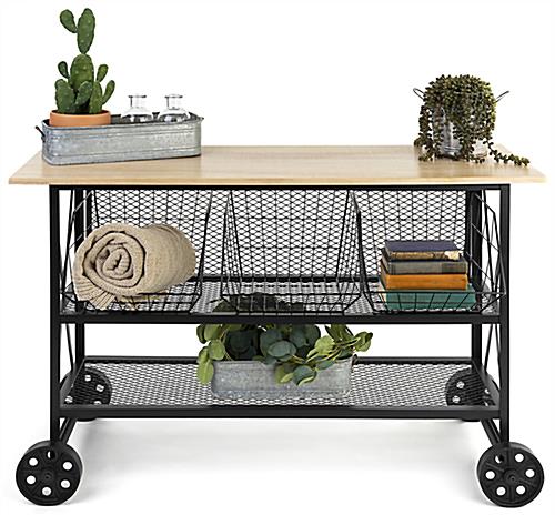 Industrial wood and mesh display console with ample storage space