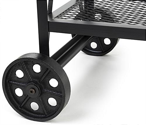 Industrial wood and mesh display console with four durable iron non-locking wheels