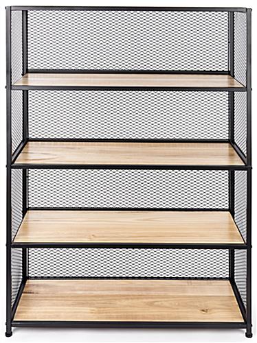 Metal mesh wood bookcase shelving unit with 38.37 inch long by 15.75 wide shelves