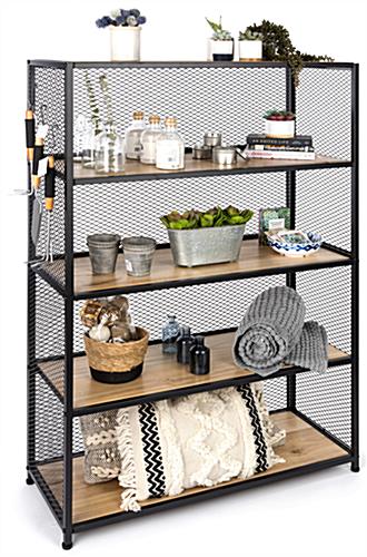 Metal mesh wood bookcase shelving with 33 pound weight capacity per shelf