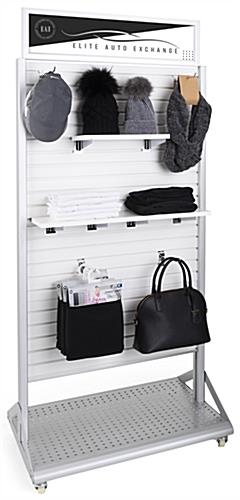 Rolling slatwall stand with sign holder and standard slatted wall accessory compatibility