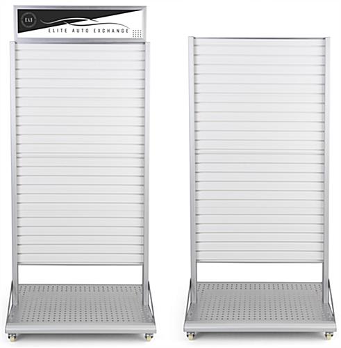 Rolling slatwall stand with sign holder for optional header signage