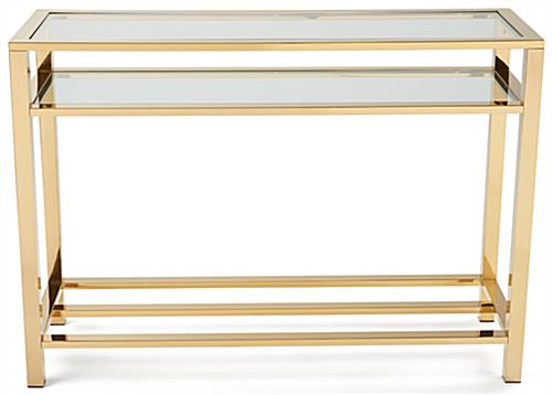Gold and glass console table with stainless steel and tempered glass build