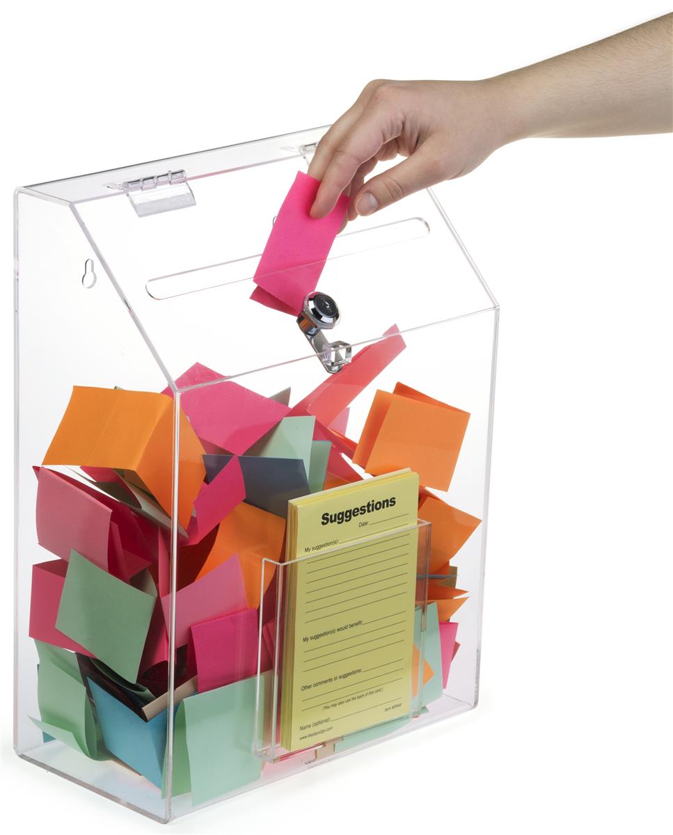 Marketing Holders Locking Suggestion Box Small House Design With Header Pack Of 1 Clear Acrylic 2 Keys Included Secure Lock Donation Comment Entry Raffle Feedback Cube Slotted Literature Container 