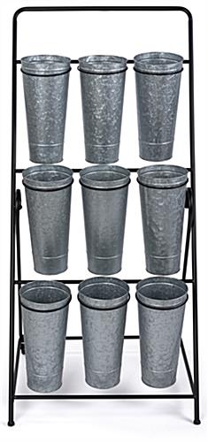 3-layer flower bucket rack with nine 6.25 inches wide by 13.5 inches tall buckets 