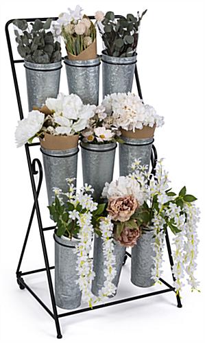 3-layer flower bucket rack with nine galvanized steel buckets