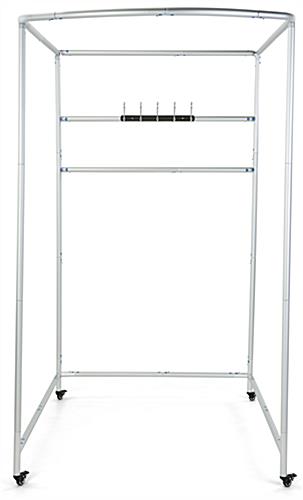 Mobile fitting room frame with 48 inch wide by 60 inch deep interior space