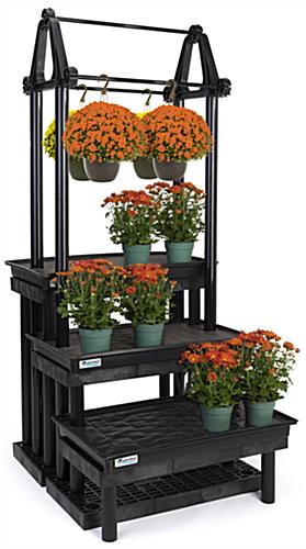 Garden center hanging display stand with removable watering trays and legs 
