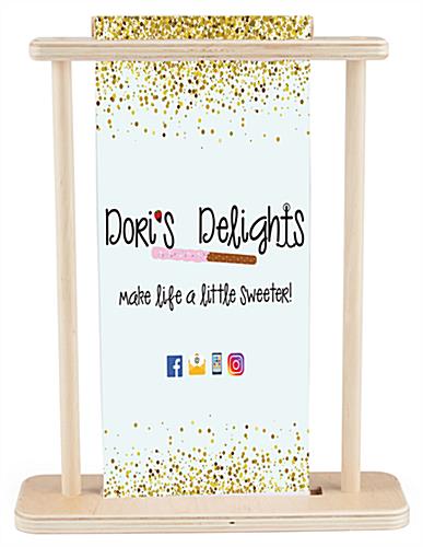 Front view of custom printed small wood tabletop banner