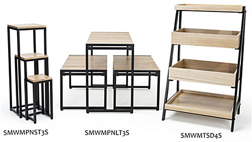 Wooden display tables are included in a collection