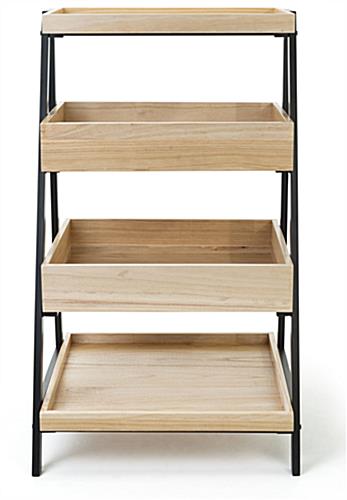 Wooden tiered display shelving with overall height of 46.5 inches