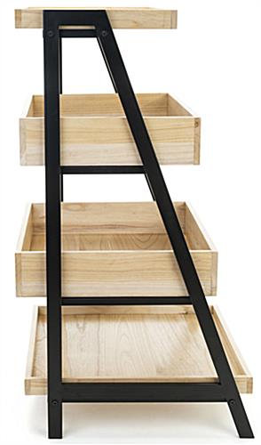 Wooden tiered display shelving with weight capacity of 66 pounds