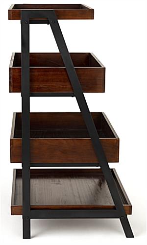 Rustic wooden dump merchandising shelves has a slim profile