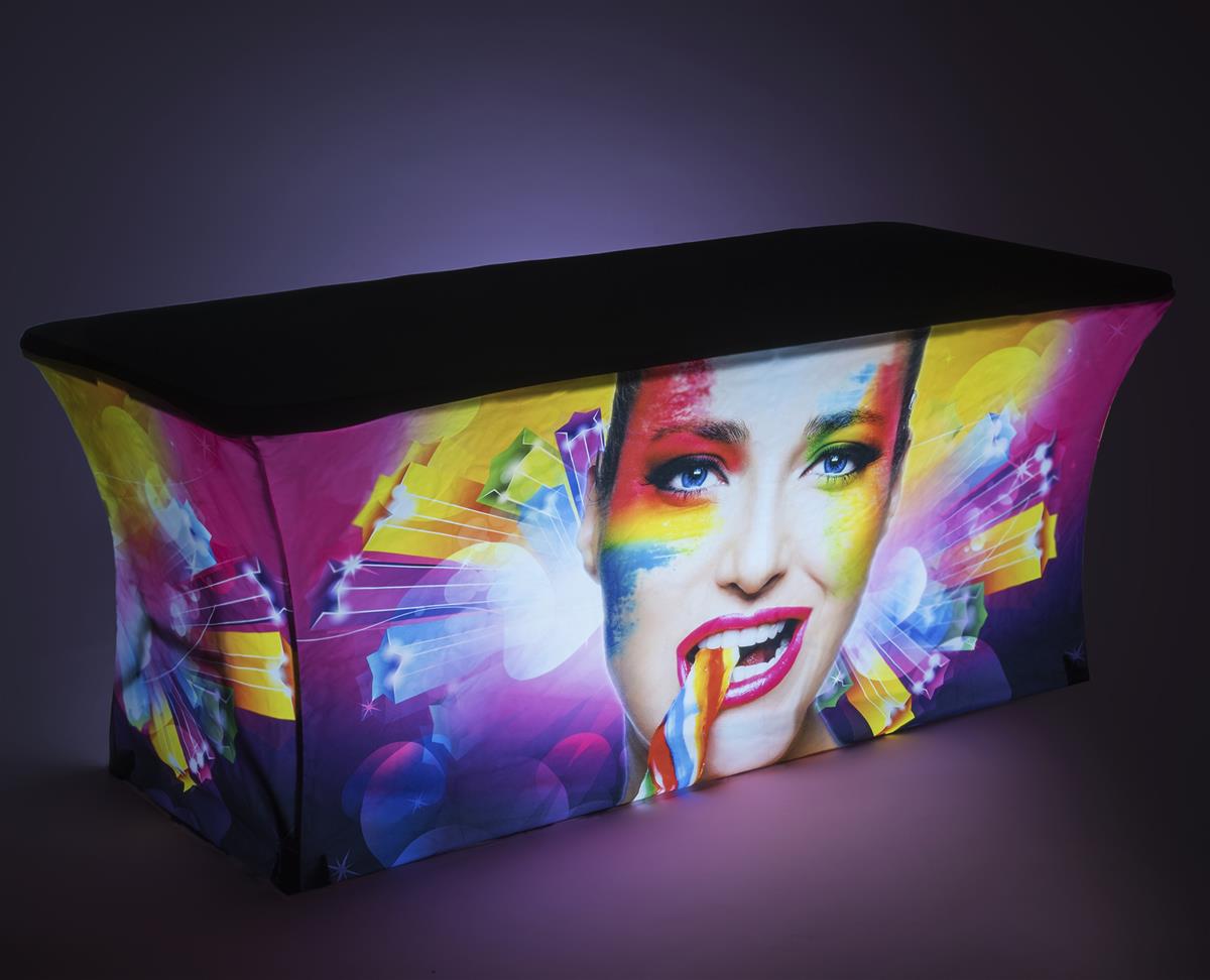 Backlit glow effect on 6' Custom stretch LED table scrim replacement cover 