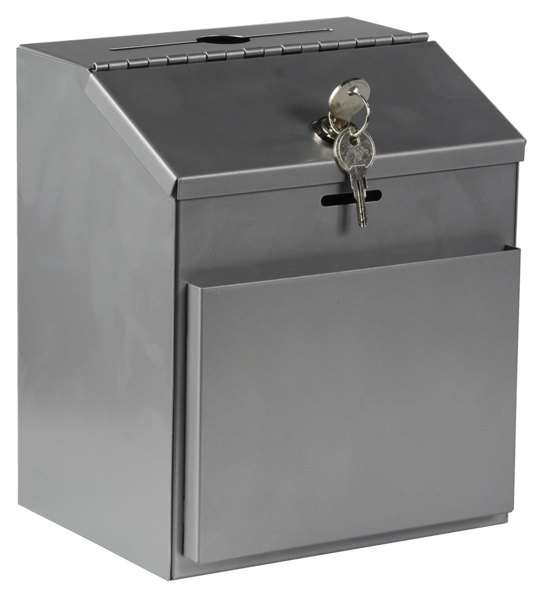 Metal Ballot Box with Front Pocket & Lock, Wall Mount or Countertop - Silver